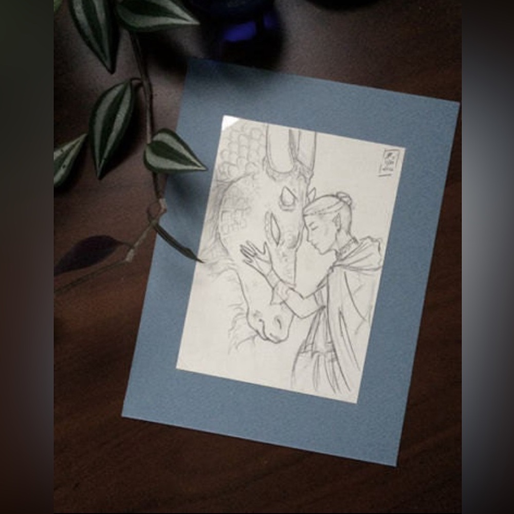 Original 4x6" FANTASY drawing dragon and elf lady sketch art artwork